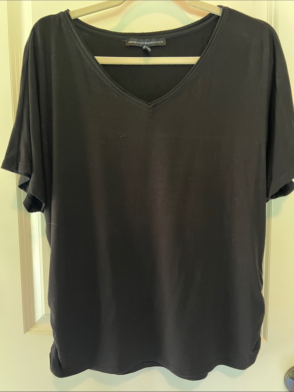 White House Black Market Black V-Neck Short Sleeve Tee side ruching